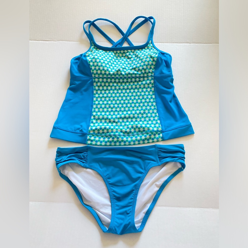 Land’s End 2 piece Tankini Swimsuit Cross Back  Top Padded Shelf Bra Size 10